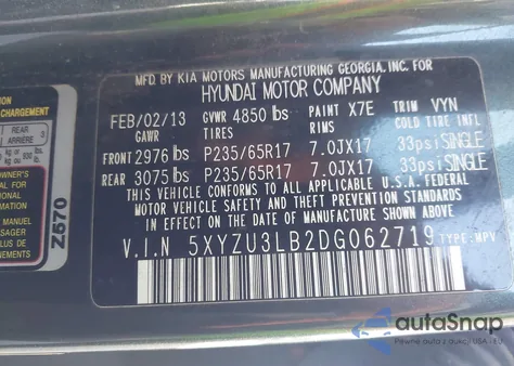 2013 Hyundai Santa Fe Sport z USA, uszkodzony, nr VIN 5XYZU3LB2DG062719